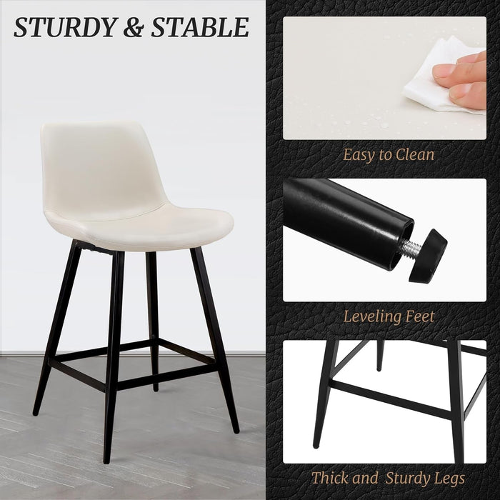 24 Inch Counter Stool, Modern Bucket Barstool Set of 3, Barstools with Back and Footrest, Faux Leather Bar Stools for Kitchen Island Restaurants, Antique White