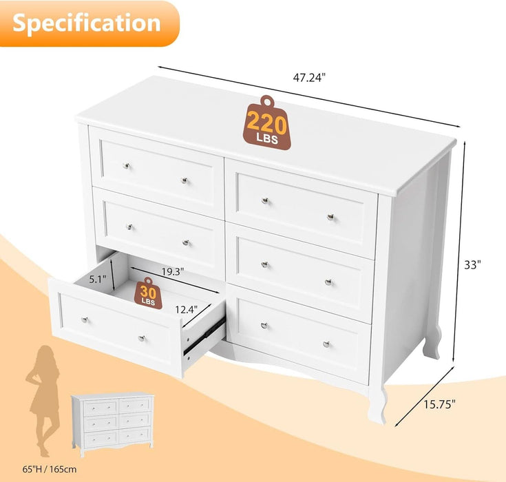 White Dresser 6 Drawer, Wood Dresser Chest of Drawers, Clothes Dressers for Bedroom with Curved Legs and Grooved Drawer Front, French, 47.24" W*15.75" D*33" H