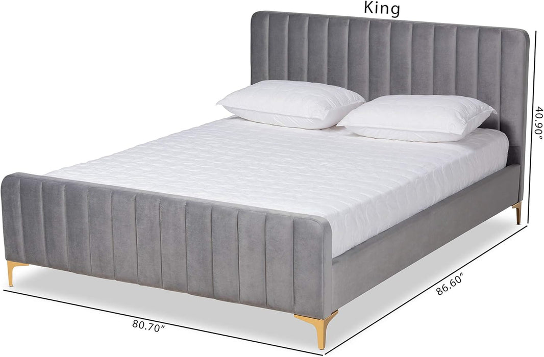 Nami Modern Contemporary Glam and Luxe Light Grey Velvet Fabric Upholstered and Gold Finished Queen Size Platform Bed