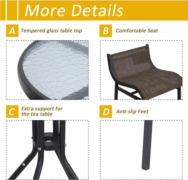 3 Piece Bar Height Outdoor Bistro Set for 2, round Patio Pub Table 2 Bar Chairs with Comfortable Design & Strong Build, Tan