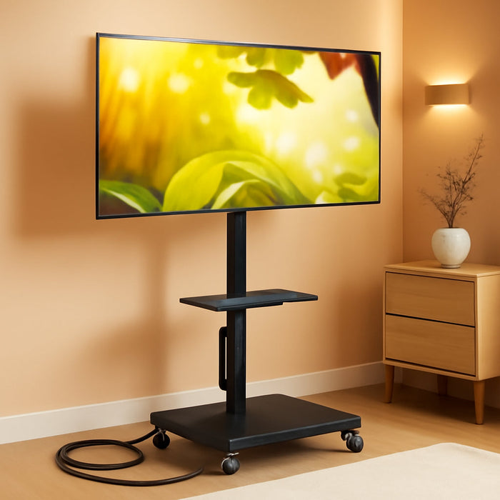 Rolling TV Stand with Power Outlet for 32-60 Inch Tvs, Swivel and Height Adjustable Mobile TV Stand with Shelf, Strong TV Cart on Wheels up to 88 Lbs for Living Room, Bedroom and Office (Black)