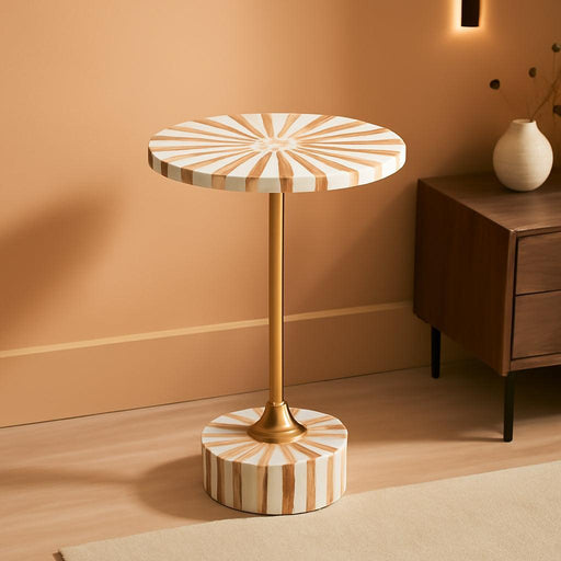 END1004A Calix 23.5" Contemporary Minimalist Metal/Resin round End Table, Light Brown/White Drink Table for Living Room, Bedroom, Office, Bathroom