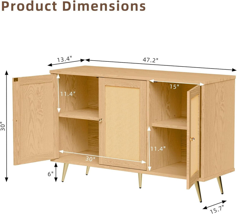 Buffet Cabinet with Set of 2 Storage, Kitchen Storage with 3 Rattan Decorated Doors, Accent Cabinet Sideboard for Dining Room, Living Room, Entryway, Hallway, Natural