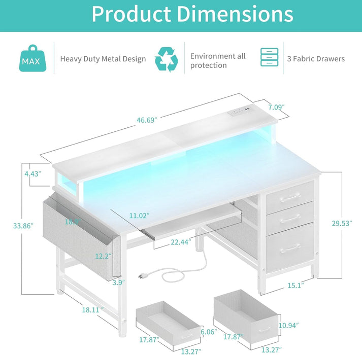 Gaming Desk with LED Lights and Power Outlets, 47 Inch Home Office Desks with Keyboard Tray, White Computer Desk with File Drawers Cabinet, Writing Table PC Desks with Monitor Stand, White