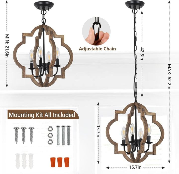 Wood Chandelier Farmhouse FourLight Rustic Brown 15In