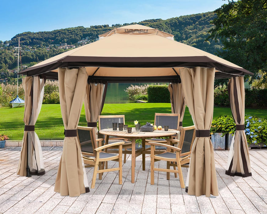 10'X10' Gazebos for Patios Outdoor Hexagonal Gazebo with Netting and Privacy Curtains Beige