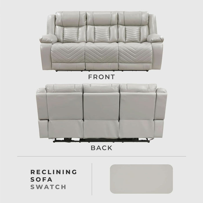 Wll Hugger Power Double Reclining Sof with Center Drop-Down Tble, Fux Lether Home Theter Seting with LED Lighting/Usb Chrging Ports/Wireless Chrger/Cup Holders, Mgzine Pocket, Gry