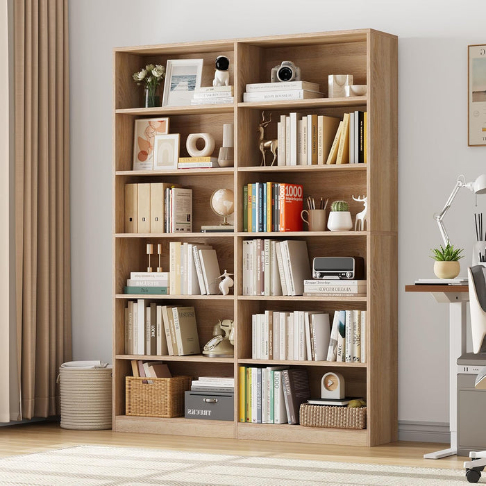 Bookshelf and Bookcase, 6-Tier Double Wide Bookshelves,Freestanding Display Storage Shelves, Tall Bookcases for Home Decor Bedroom, Living Room, Home Office, Light Oak