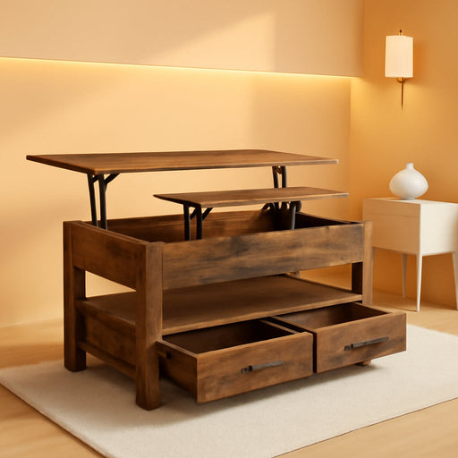 Coffee Table Lift Top, Multi-Function Convertible Coffee Table with Drawers and Hidden Compartment, Coffee Table Converts to Dining Table for Living Room, Home Office, Rustic Brown