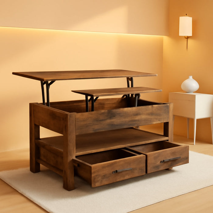 Coffee Table Lift Top, Multi-Function Convertible Coffee Table with Drawers and Hidden Compartment, Coffee Table Converts to Dining Table for Living Room, Home Office, Rustic Brown
