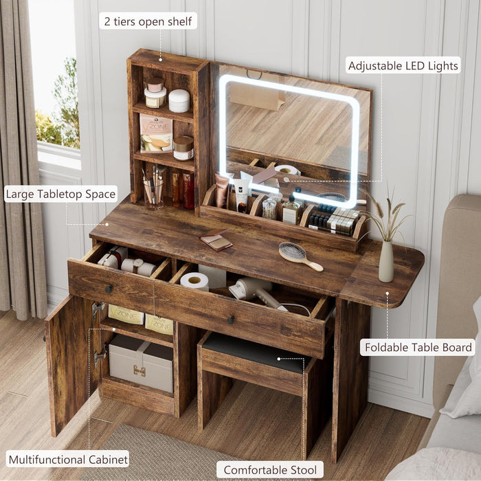 Makeup Vanity Desk with Mirror, Vanity Table with Power Outlet and Storage Chair, Modern Dressing Table with Drawers and Shelves for Bedroom, Brown