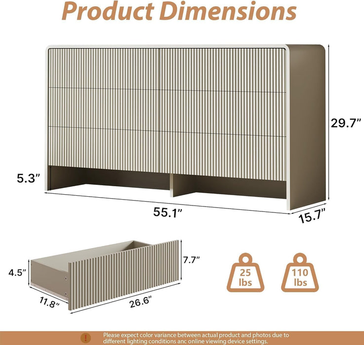 55" Wide Modern Curved 6 Drawer Dresser，Beige