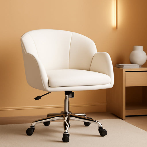 White Desk Chair Petal Cute Office Chair Faux Leather Swivel Desk Chair Vanity Chair with Back Modern Computer Rolling Chair for Bedroom