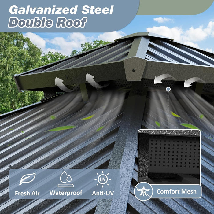 10'X12' Gazebo Hardtop Gazebo, Aluminum Pergola with Double Galvanized Steel Roof, Permanent Outdoor Metal Canopy with Curtain and Netting for Patio, Backyard, Deck,Grey