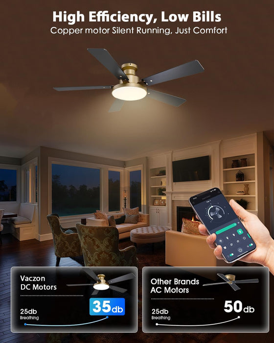 52 Inch Low Profile Gold Ceiling Fan with Lights, Modern Black and Gold Ceiling Fans with Remote/App for Indoor Bedroom, Flush Mount, 12.2'' Large 3CCT LED Light Panel, 6-Speed Quiet DC Motor