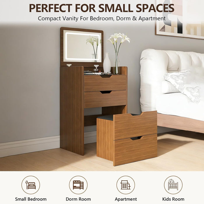 3 in 1 Small Walnut Vanity with Stool & Glass Top, Make up Table with Flip up Mirror & Lights, Modern Cute Teen Vanity Desk with Drawers for Small Space (Walnut+Black, 18.9'' L)