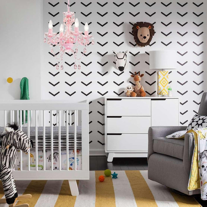 Mini Chandelier with Acrylic Crystals Pink Chandelier 4 Light Modern Chandeliers for Bedroom and Girls Room