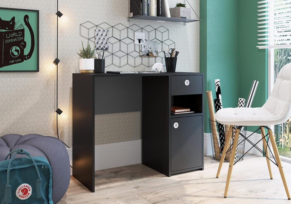 Desk with Drawer and Door – Compact Workstation for Home – MDP Construction – 35Kg Capacity (Black) - ShipItFurniture