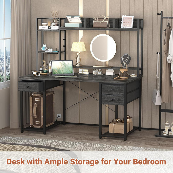 Desk with LED and Outlets, Gaming Desk with Hutch, 47.2'' Computer Desk with Drawers, Reversible Office Desk with Storage Bookshelf Large Workstation Desk with Shelf, Desk for Home, Black Oak - ShipItFurniture
