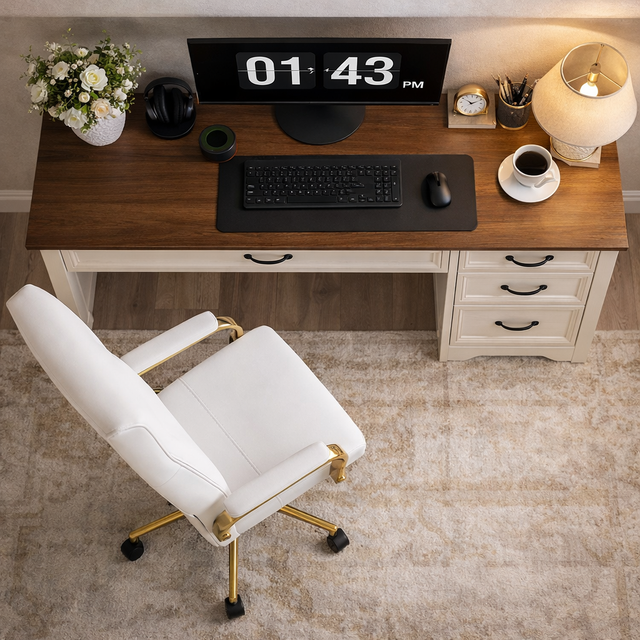 47 Inch Brown White Computer Desk and Office Chair Set with Storage Drawers