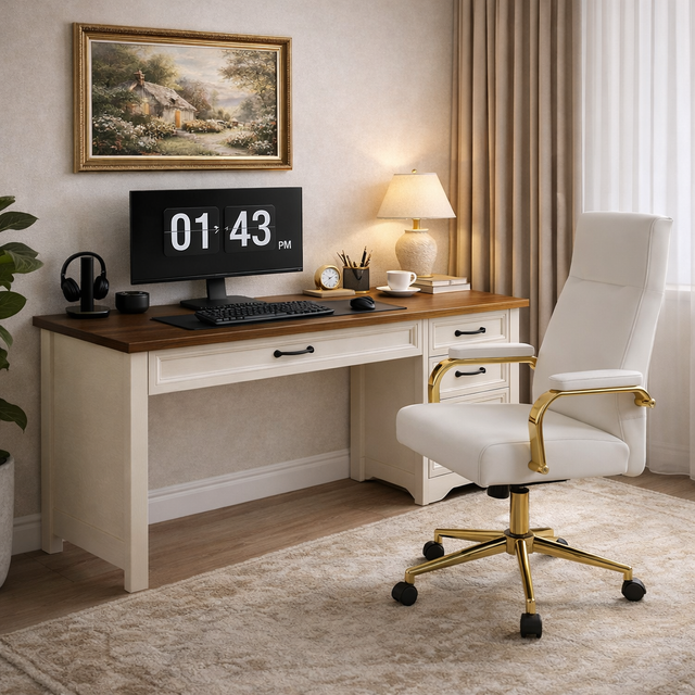 47 Inch Brown White Computer Desk and Office Chair Set with Storage Drawers