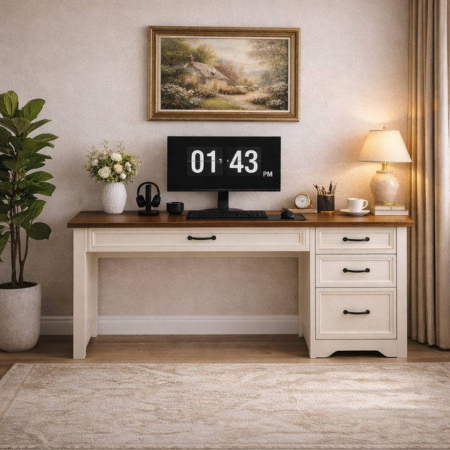 47 Inch Brown White Computer Desk and Office Chair Set with Storage Drawers