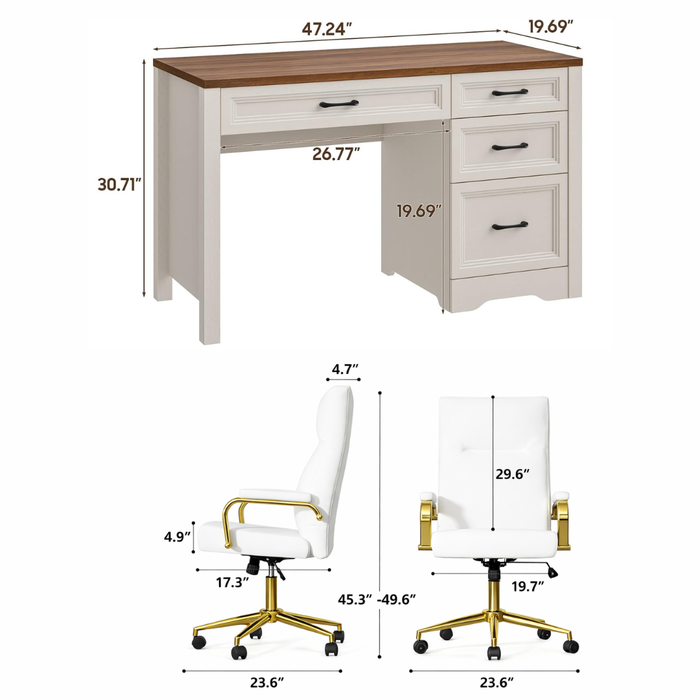 47 Inch Brown White Computer Desk and Office Chair Set with Storage Drawers