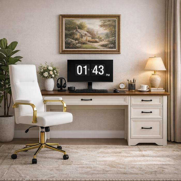 47 Inch Brown White Computer Desk and Office Chair Set with Storage Drawers