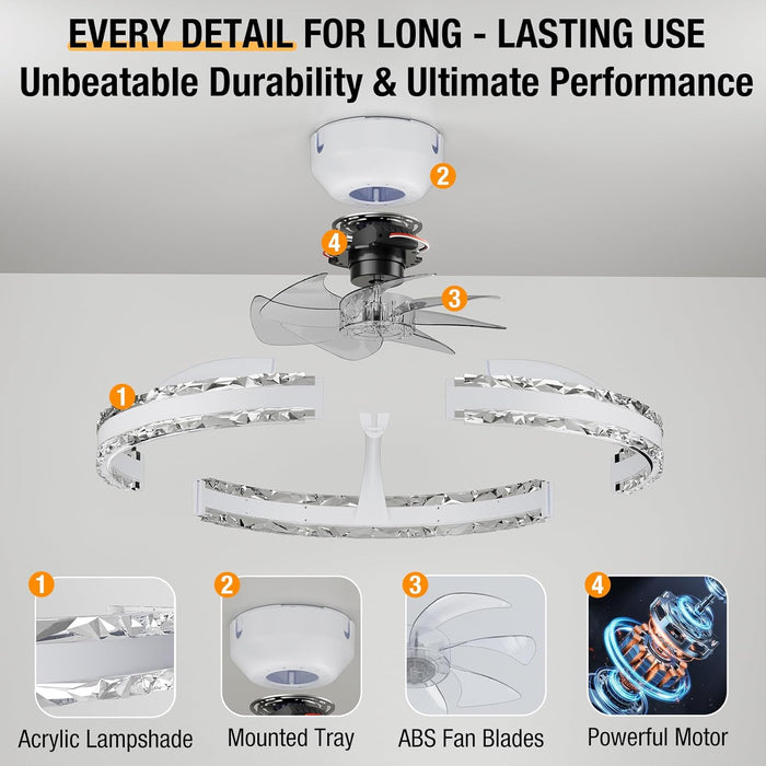 Ceiling Fans with Lights and Remote, 20'' Low Profile Flush Mount Ceiling Fan with 6 Speeds & 3 Color Temperature, 3000-6500K Dimmable Led Fandelier for Bedroom Livingroom, White