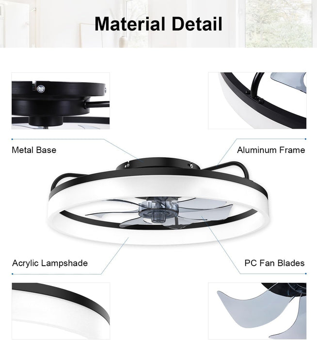 Ceiling Fans with Lights and Remote, 20" Fandelier Ceiling Fan Flush Mount, 3000K-6500K Smart Bladeless LED Fan Light, Modern Low Profile Ceiling Fan with Light for Bedroom, Kids Room and Living Room.