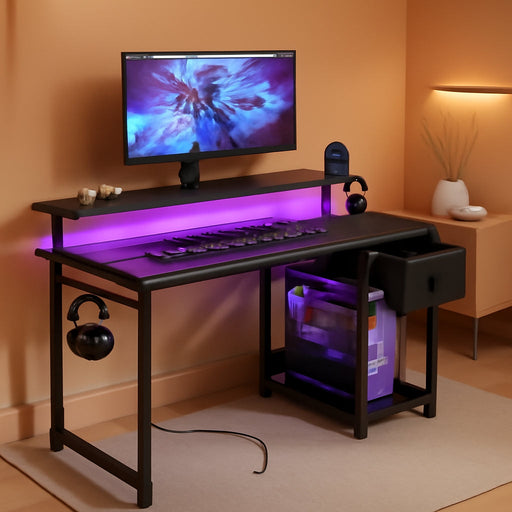 Gaming Desk with LED Lights & Power Outlet, 40 Inch Computer Desk with Drawer, Reversible Desk with Adjustable Monitor Shelf & Headphone Hook for Home Office, Black