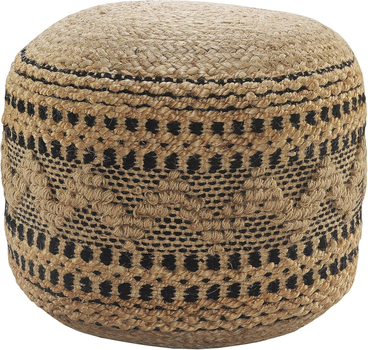 LR Home Tan/Black round Ottoman Pouf for Home Decor | Striped Hand-Woven Jute Cotton Blend round Pouf Ottoman Foot Rest for Bedroom & Living Room Decor | 18" X 18"W X 14"H