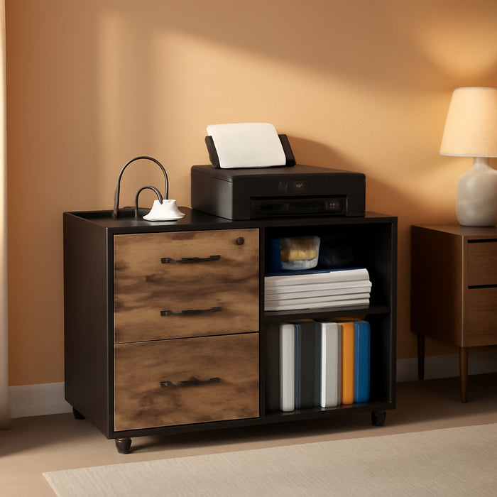 File Cabinet, 3 Drawer Mobile Lateral Filing Cabinet, Printer Stand with Open Storage Shelf under Desk Storage for Home Office, Black/Rustic Brown