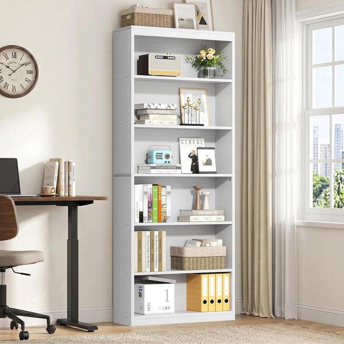 6-Tier Open Bookshelf, Modern Wood Bookcase, White | 71" Tall Floor Standing Bookcase, Wood Display Storage Shelf for Home Office Living Room