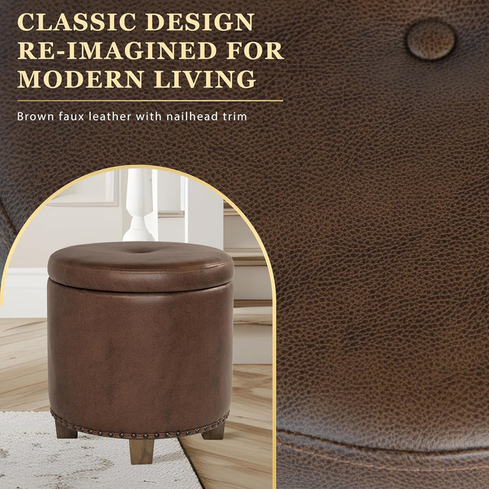 Home Decor | Upholstered round Storage Ottoman with Nailheads| Ottoman with Storage for Living Room & Bedroom, Brown Faux Leather