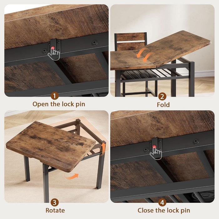 Extendable Dining Table Set for 4 with Built-In Shelf Rack Brown