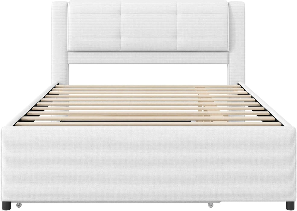 Full Size Upholstery Platform Bed with Trundle,Trundle Can Be Flat or Erected, Modern Bed Frame with Linen Headboard for Kids, Adults, No Box Spring Needed, Beige