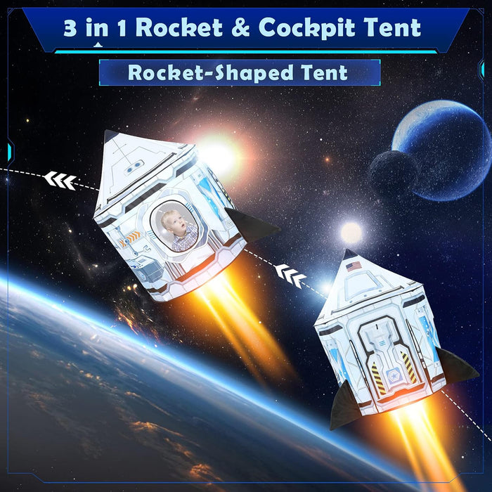 Rocket Ship Kids Play Tent: 3Pcs Toddlers Pop up Ball Pit and Play Tunnel for Indoor Outdoor, Spaceship Baby Playhouse Toys for 1-3 Year Old Boys Girls (3 in 1 Kids Tent)