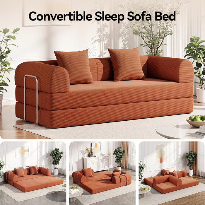 79 Inch Convertible Sofa Bed Orange CorduroyPillows