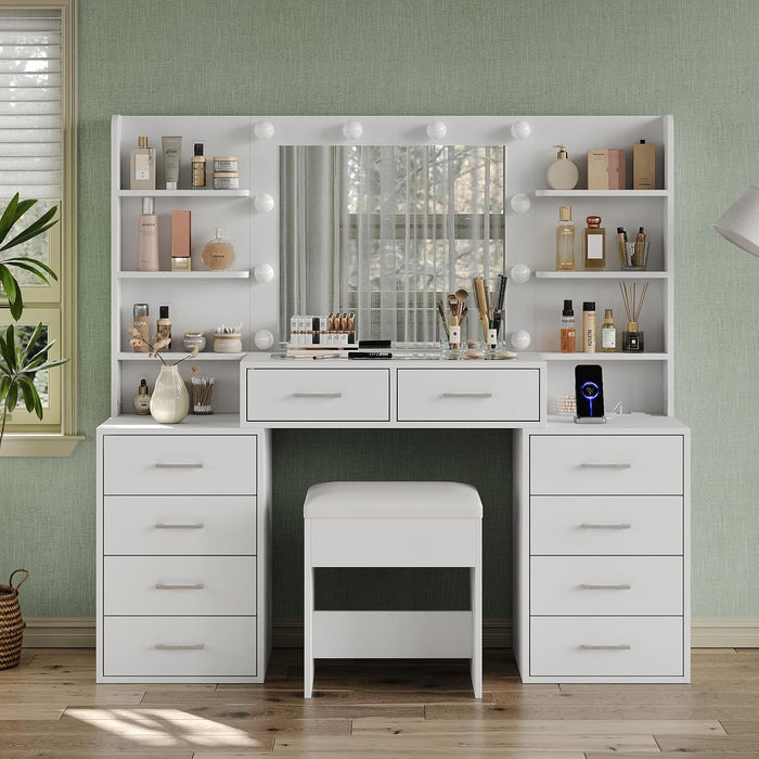 55'' W Makeup Vanity with Mirror & Lights, 10 Drawers Vanity Desk with Charging Station, 6 Open Shelves, 3 Lighting Modes Brightness Adjustable, Glass Top Vanity with Chair for Bedroom, White