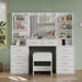 55'' W Makeup Vanity with Mirror & Lights, 10 Drawers Vanity Desk with Charging Station, 6 Open Shelves, 3 Lighting Modes Brightness Adjustable, Glass Top Vanity with Chair for Bedroom, White