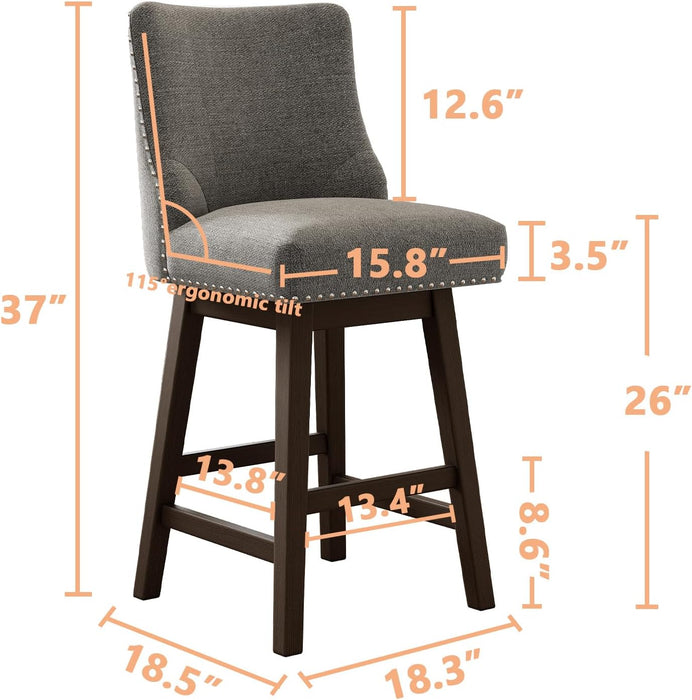 26 Inch Bar Stools Set of 3, Counter Height Swivel Barstools with Back, Solid Wood Legs with Footrest for Kitchen Island (Dark Grey Linen, 3)