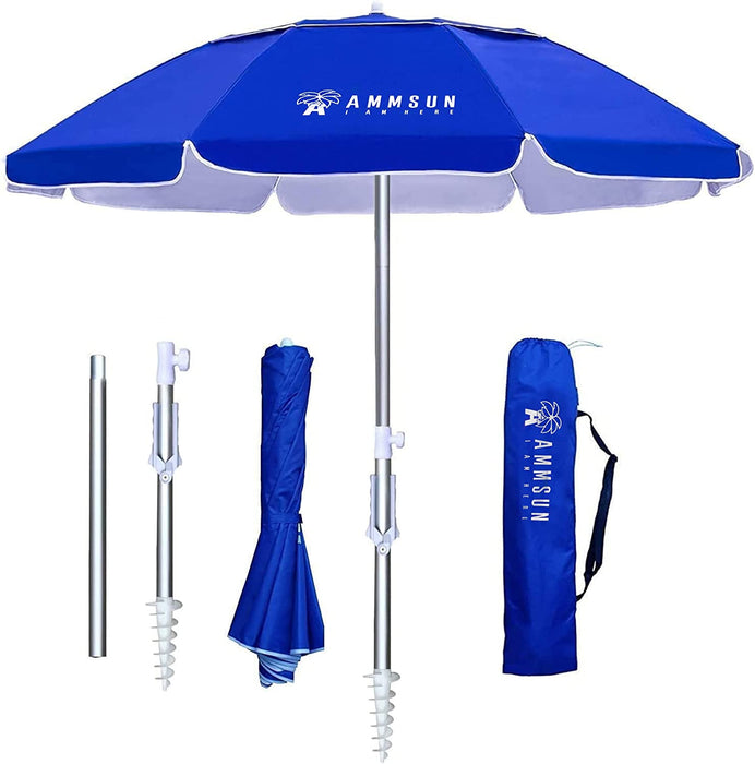 6.5Ft Twice Folded Portable Beach Umbrella with Sand Anchor Windproof, Push Button Tilt and Air Vent UV 50+ Protection Fits in a Large Suitcase for Patio Garden Beach Pool Backyard Blue