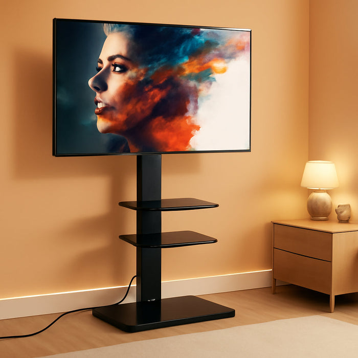 Floor TV Stand with Power Strip for Tvs 32-75 Inch Tvs, Universal TV Stand for Bedroom Living Room with Tempered Glass TV Stand, Swivel TV Stand Holds up to 88Lbs MAX VESA 600X400Mm,Black