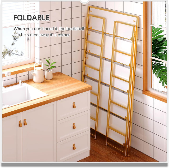 No Assembly Extra Wide 5 Tier Folding Bookshelf Tall Storage Shelves Vintage Bookcase Standing Racks for Bedroom Living Room Home Office