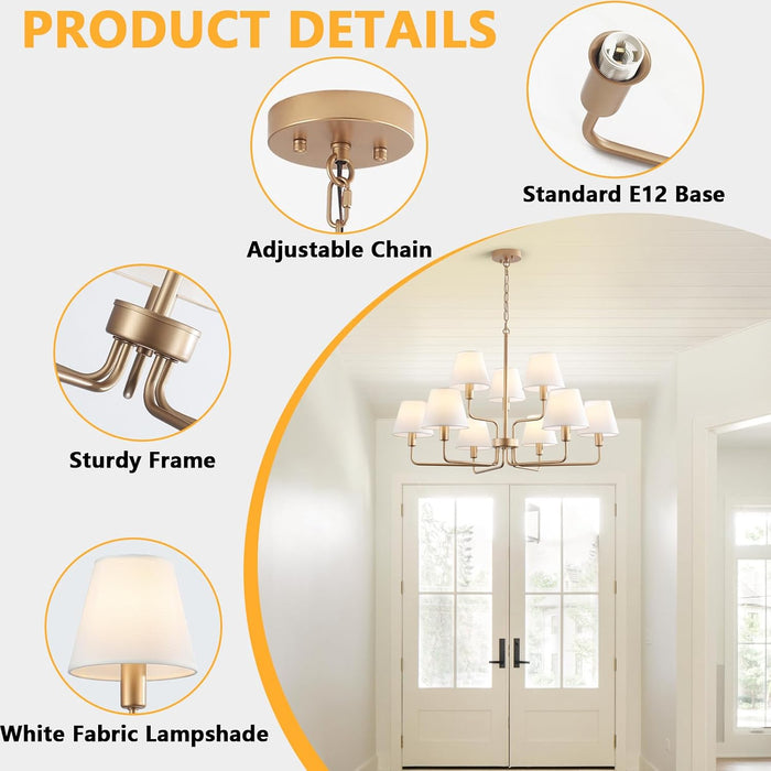 33" Gold Chandelier for Dining Room Light Fixture with White Fabric Shades, 9-Light Brass Modern Farmhouse 2 Tiered High Ceiling Lantern Chandelier Pendant Light for Foyer Entryway Living Room Kitchen