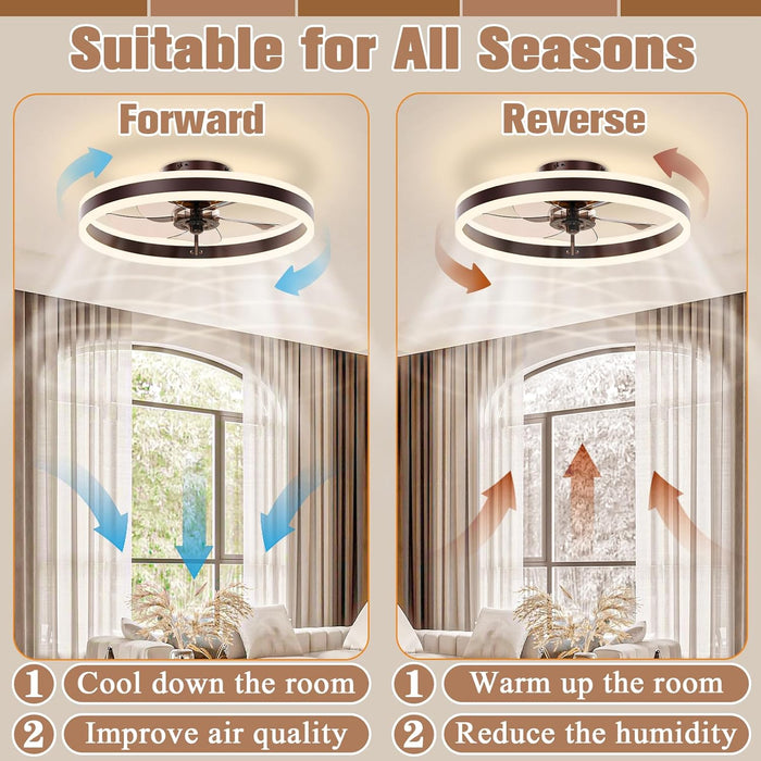 Low Profile Ceiling Fans with Lights and Remote, 19.7In Flush Mount Ceiling Fans with Light, 3000K-6500K Dimmable Fandelier LED Fan Light, Brown Bladeless Ceiling Fans with Lights for Bedroom