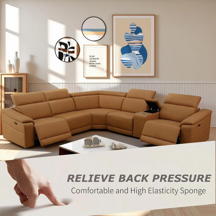 Power Recliner Sectional Sofa Set with USB Ports, Flannel Recliner Sofa Set with Adjustable Headrest, Reclining Sectional Couches, L-Shaped Living Room Furniture Set (Ginger, 5-Seater)