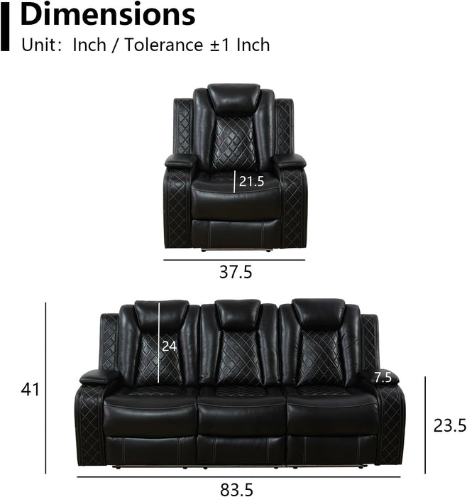Power Black Leather Reclining Sofa Set with LED Light for Living Room Set，Theater Seat Recliner Chair 3 Seats Double Recliner Sofa with Drop-Down Table/Read Light/Wireless Charge/Usb Port