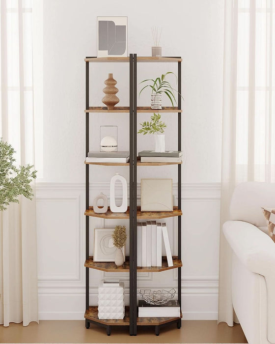 Corner Shelf Stand, Corner Bookshelf, Storage Standing Shelf Unit with Metal Frame, Plant Stand, Corner Bookcase for Living Room, Home Office, Bedroom, 6-Tier Rustic Brown CS06001B
